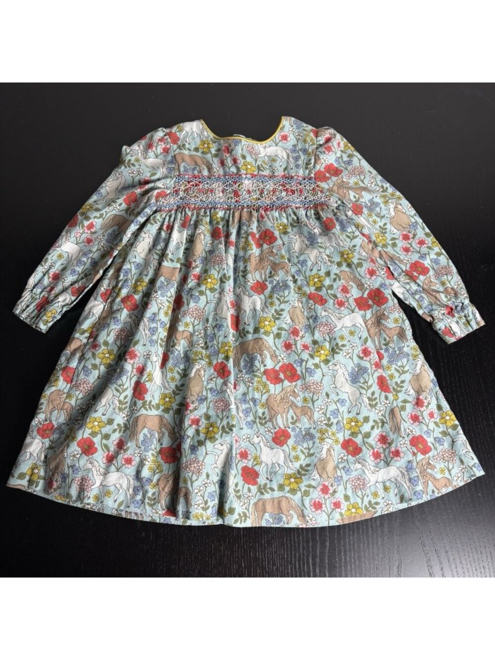 MINI BODEN Girls 5-6Y Colorful Smocked Horse/Floral Print Dress Long Sleeves